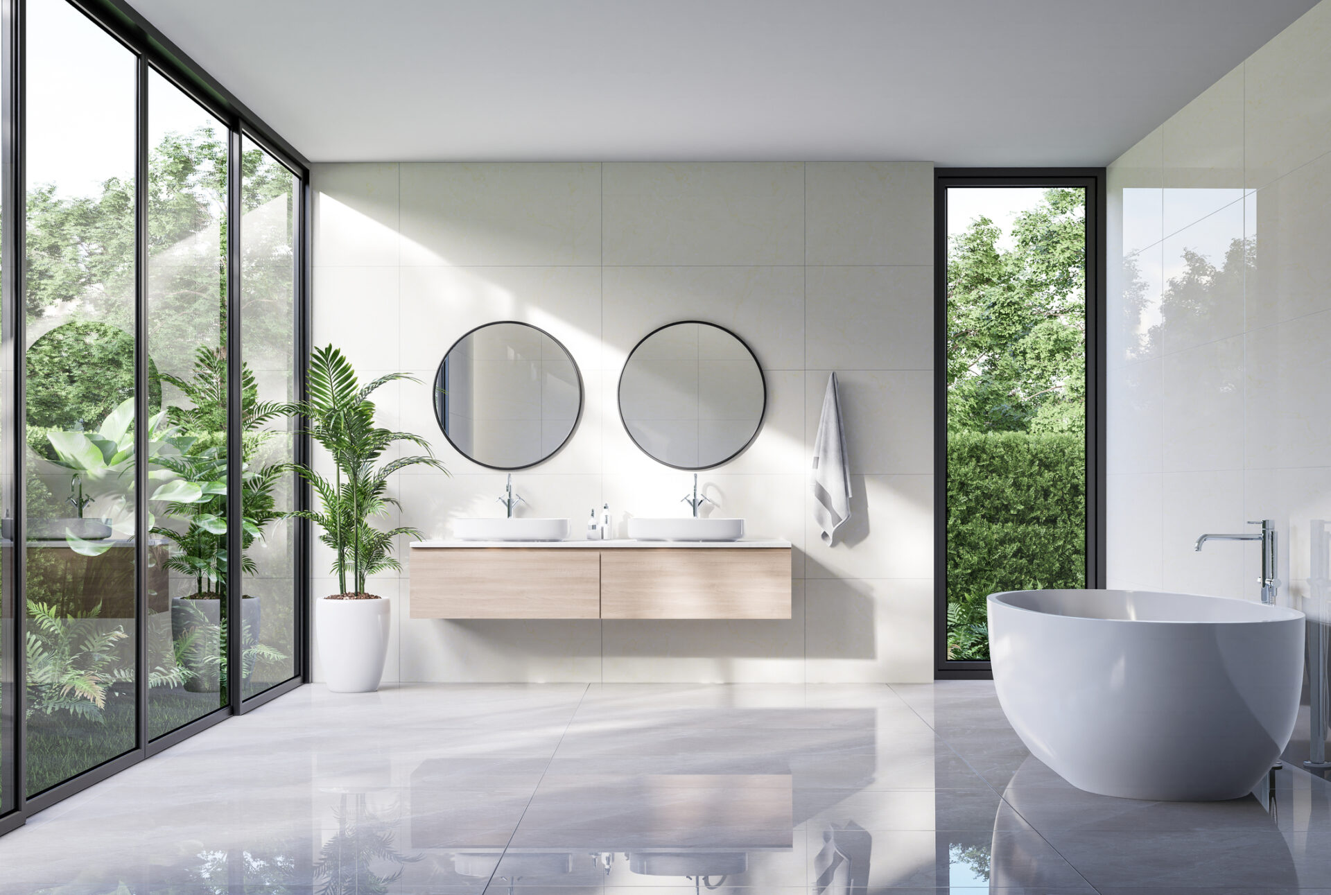 Modern luxury white bathroom with tropical style garden view 3d render