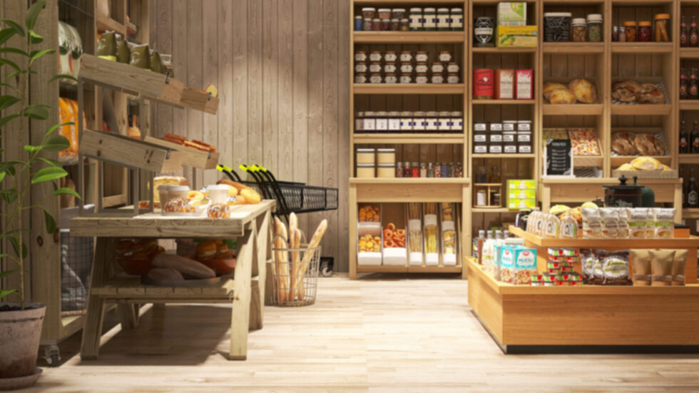 Compact store interior with fitted shelving, counters and grab-and-go displays